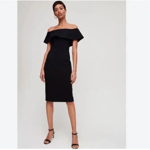 Aritzia Babaton Ruslan Off the Shoulder Black Midi Dress Size 0 NWOT - Picture 1 of 4